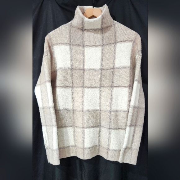 Christian Siriano Women's Mock Neck Sweater Size S Tan Gray Ivory Plaid Scandi - Picture 1 of 6